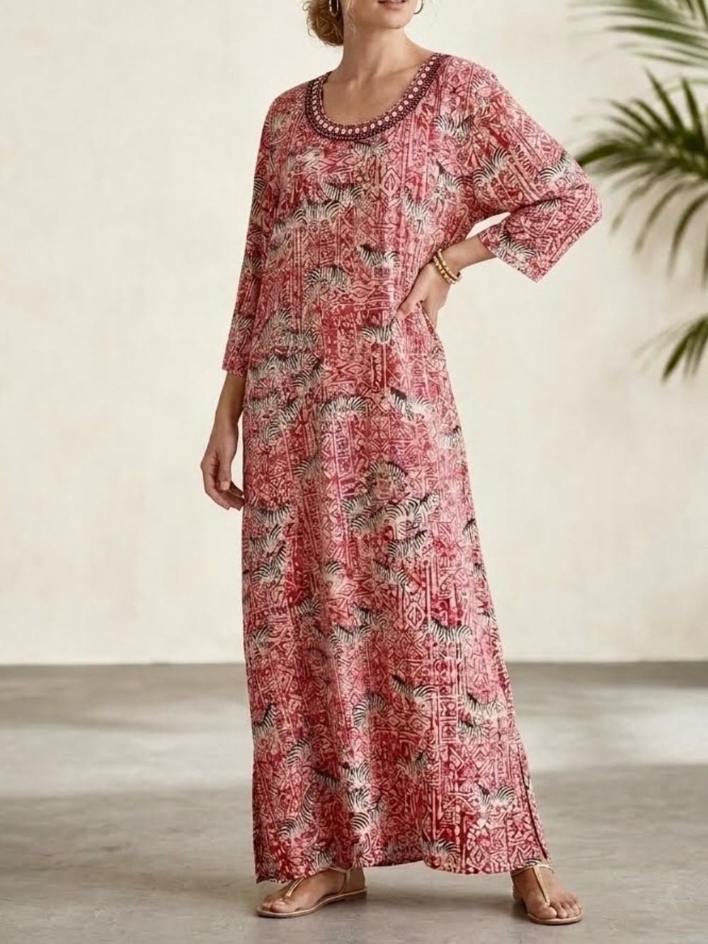 Patio Casuals by Cabernet Maxi Dress Kaftan Embroidered Mixed Print Vacation L